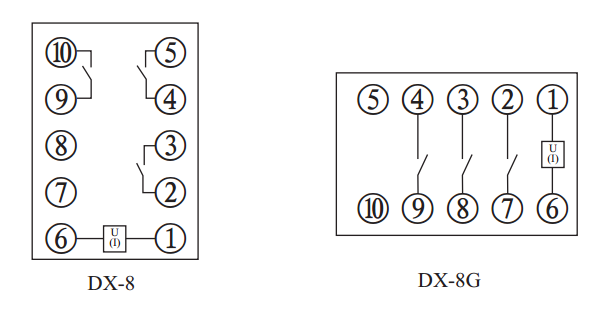 DX-8G信號繼電器內(nèi)部接線及外引接線圖