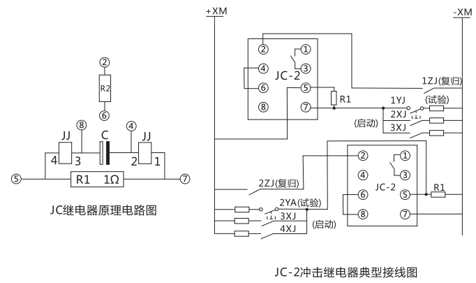 JC-2沖擊繼電器內(nèi)部接線及外引接線圖