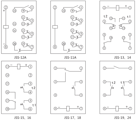 JSS-11A集成電路時間繼電器背后接線圖及外引接線圖(背視圖)圖片