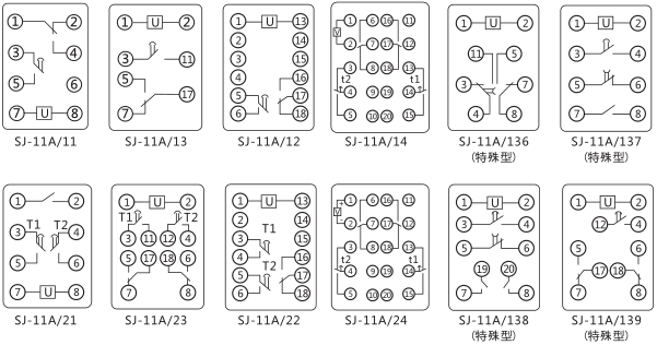 SJ-11A/136集成電路時(shí)間繼電器內(nèi)部接線圖及外引接線圖片