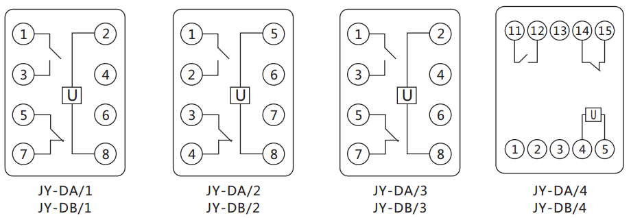 JY-DB/2集成電路直流電壓繼電器內(nèi)部接線(xiàn)圖及外引接線(xiàn)圖（正視圖）