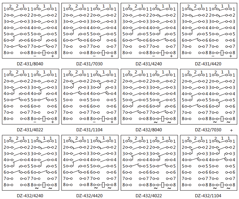 DZ-431中間繼電器內(nèi)部接線圖及外引接線圖（背視）
