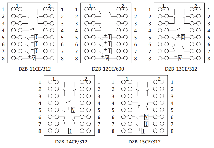 DZE-14CE/312保持中間繼電器內(nèi)部接線圖及外引接線圖