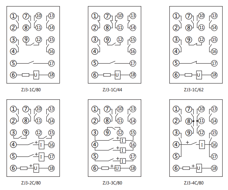 ZJ3-1C/44快速中間繼電器內(nèi)部接線圖及外引接線圖(正視圖)