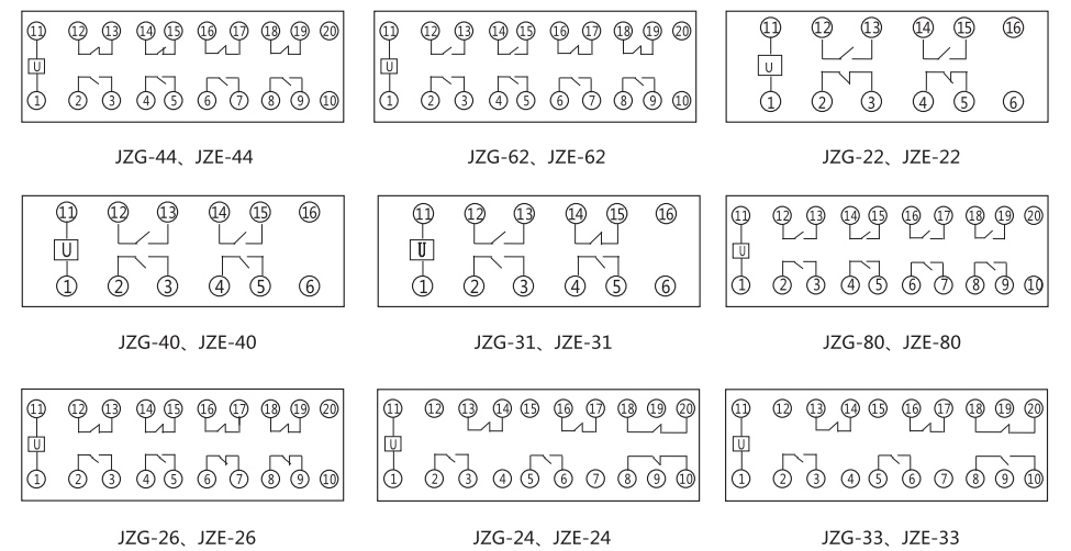 JZE-44卡軌式靜態(tài)中間繼電器內(nèi)部端子外引接線圖