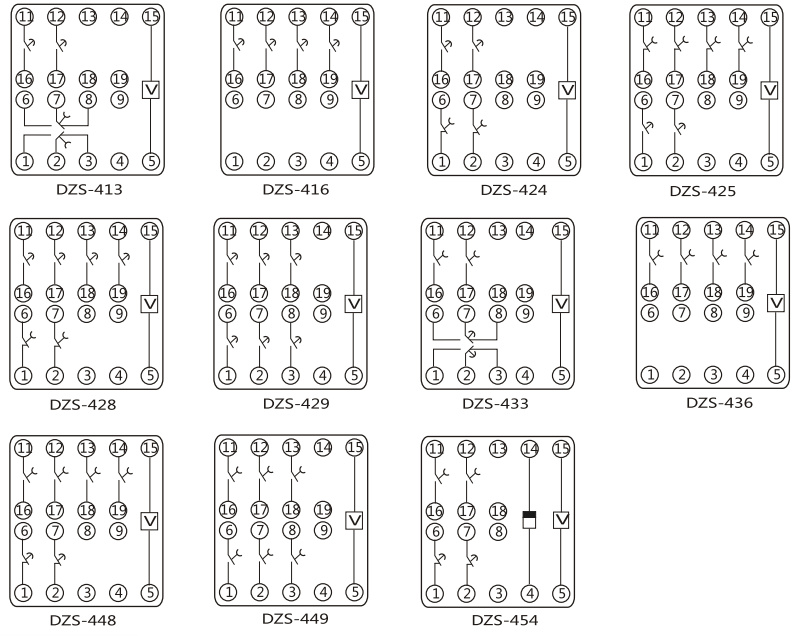 DZS-454中間繼電器內(nèi)部端子外引接線圖(正視)